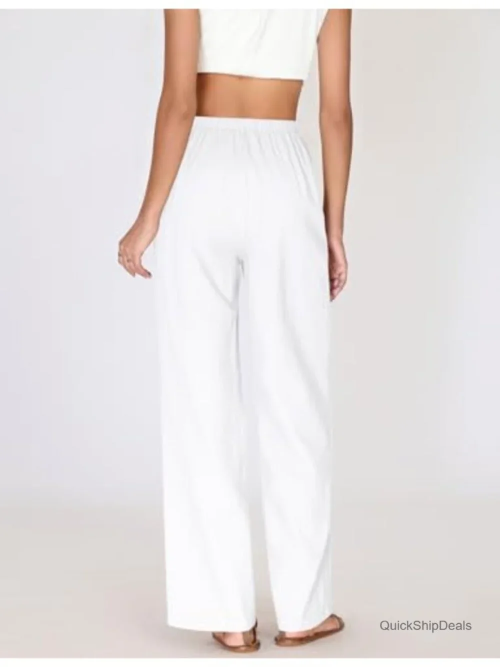 Linen Cotton Pants Wide Leg Drawstring Elastic Waist Casual Trousers with - Picture 2 of 6